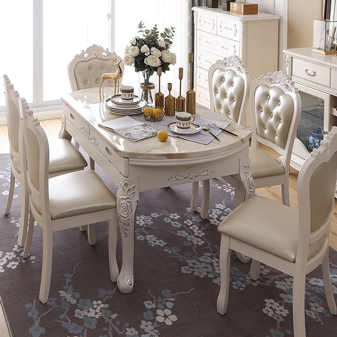 Round Faux Marble 4 Legs Dining Site Table in White with Drop-Leaf Clearhalo 'Dining Tables & Seating' 'Dining Tables' 'dining_table' 'furn' 'furn_dining_table' 'Furniture' 'Kitchen & Dining Furniture' 1200x1200_3d7b353f-d823-424e-b3a3-59db0a11c302