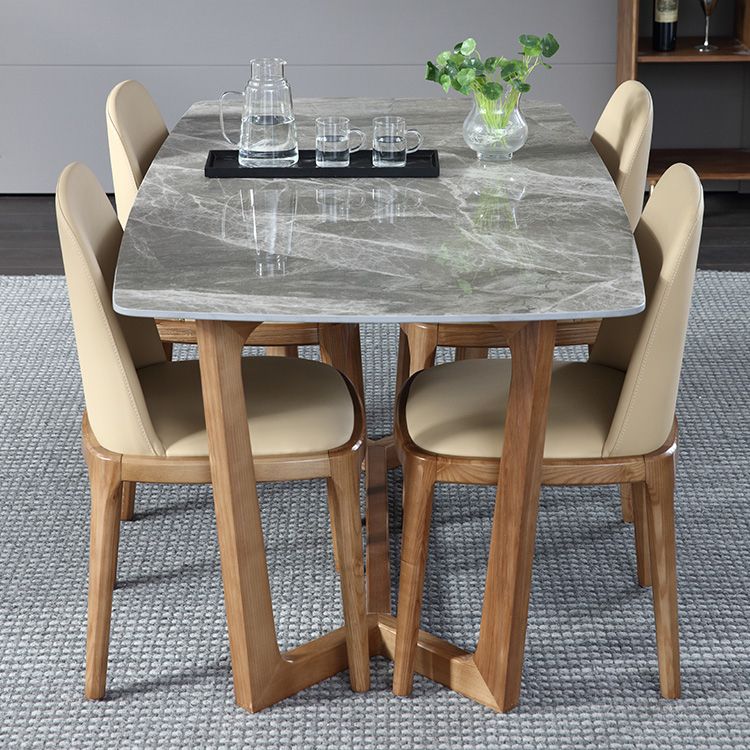 Modern Style Dining Table Sintered Stone Trestle Table with Wooden Base