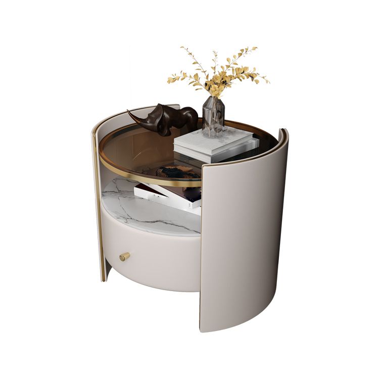 1-Drawer Glass Top Nightstand, 19.69" Tall 1-Shelf Leather Night Stand