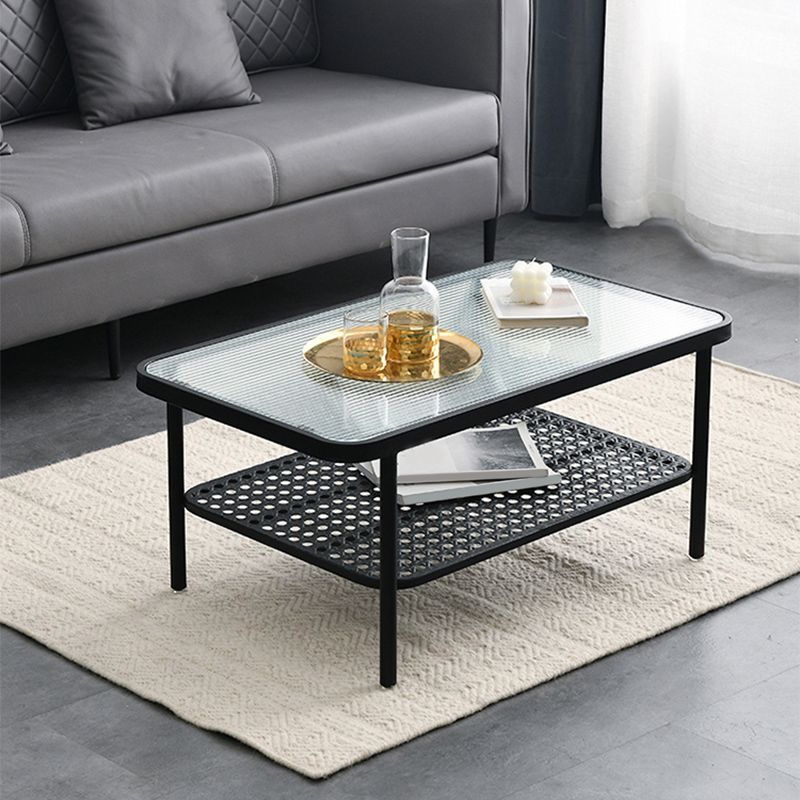 Four Legs Glass Coffee Table Shelf Included Geometric Single Cocktail Table Clearhalo 'Coffee & Accent Tables' 'Coffee Tables' 'coffee_tables' 'furn' 'furn_coffee_tables' 'Furniture' 'Living Room Furniture' 1200x1200_3da469ff-dbd0-4560-8649-acf5a5722efc