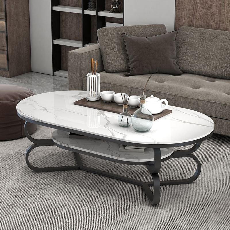 Metal Abstract Base Cocktail Table Oval Slate Top Coffee Table with Shelf Clearhalo 'Coffee & Accent Tables' 'Coffee Tables' 'coffee_tables' 'furn' 'furn_coffee_tables' 'Furniture' 'Living Room Furniture' 1200x1200_3dd240f1-8c1e-4e0f-a5c6-cd10818b2147