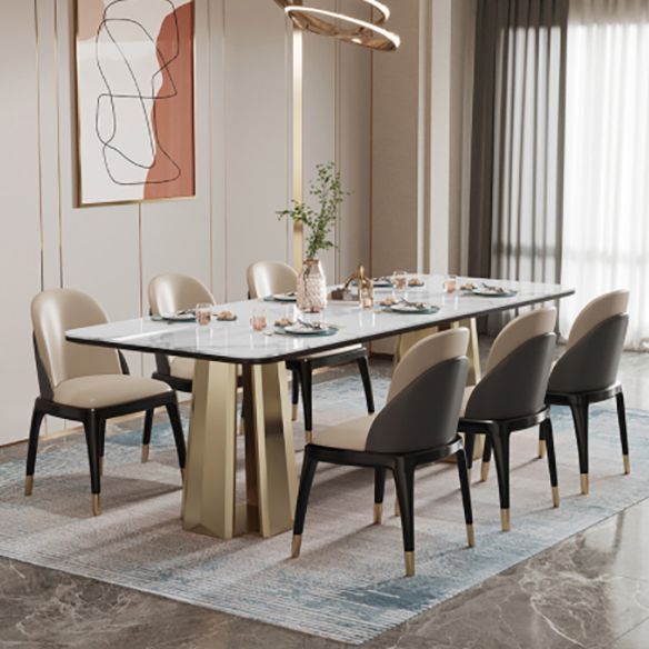 Minimalist Style Marble Dining Set with Traditional Height Table and Double Pedestal Base Clearhalo 'Dining Room Sets' 'Dining Tables & Seating' 'dining_room_set' 'furn' 'furn_dining_room_set' 'Furniture' 'furniture_dining_room_set' 'Kitchen & Dining Furniture' 'kitchen&dining_furn' 'kitchen' 1200x1200_3ddccae7-eb77-4c70-9bab-d02a3488f234