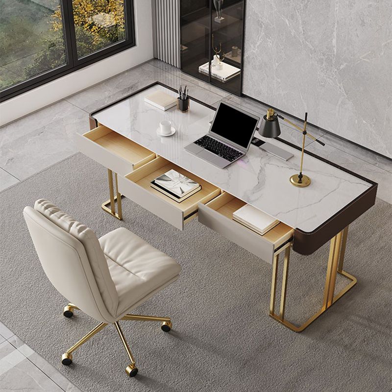 Mesa de computadora portátil de oficina en forma rectangular reversible en escritorio de escritura de grises con 3 cajones