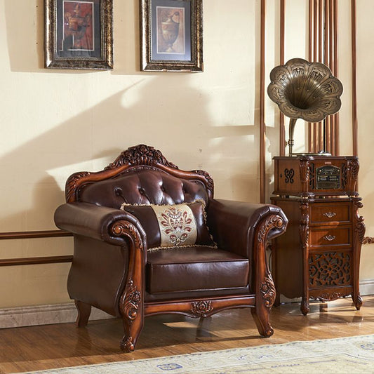 茶色の本革のソファ房型スプリットバックロールアームソファー