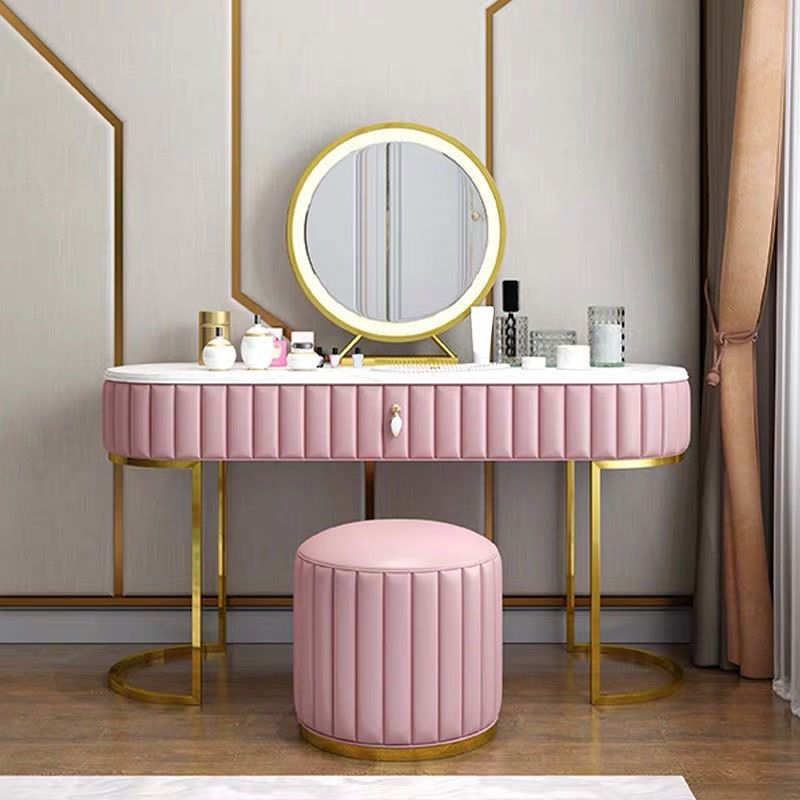 1-Drawer Makeup Vanity Table with Mirror & Stool Luxurious Stone/Leather Dresser Clearhalo 'Bedroom Furniture' 'furn' 'furn_makeup_vanities' 'Furniture' 'Makeup Vanities' 'makeup_vanities' 1200x1200_3e1cf46b-213b-45ce-b0e9-917dfbaca397