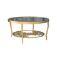 Contemporary Round Glass Top Coffee Table with Iron 4 Legs and Shelf Clearhalo 'Coffee & Accent Tables' 'Coffee Tables' 'coffee_tables' 'furn' 'furn_coffee_tables' 'Furniture' 'Living Room Furniture' 1200x1200_3e20ee9a-54d2-4ffa-8818-d2d33537e4d5