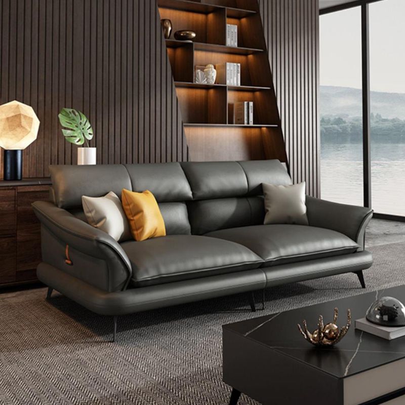 Glam Settee Genuine Leather Black Living Room Flared Arm Cushions Standard Sofa Clearhalo 'furn' 'furn_sofas' 'Furniture' 'Living Room Furniture' 'Sofa' 'sofas' 1200x1200_3e310aaf-b7fe-4e80-8842-9bad3bf023f6