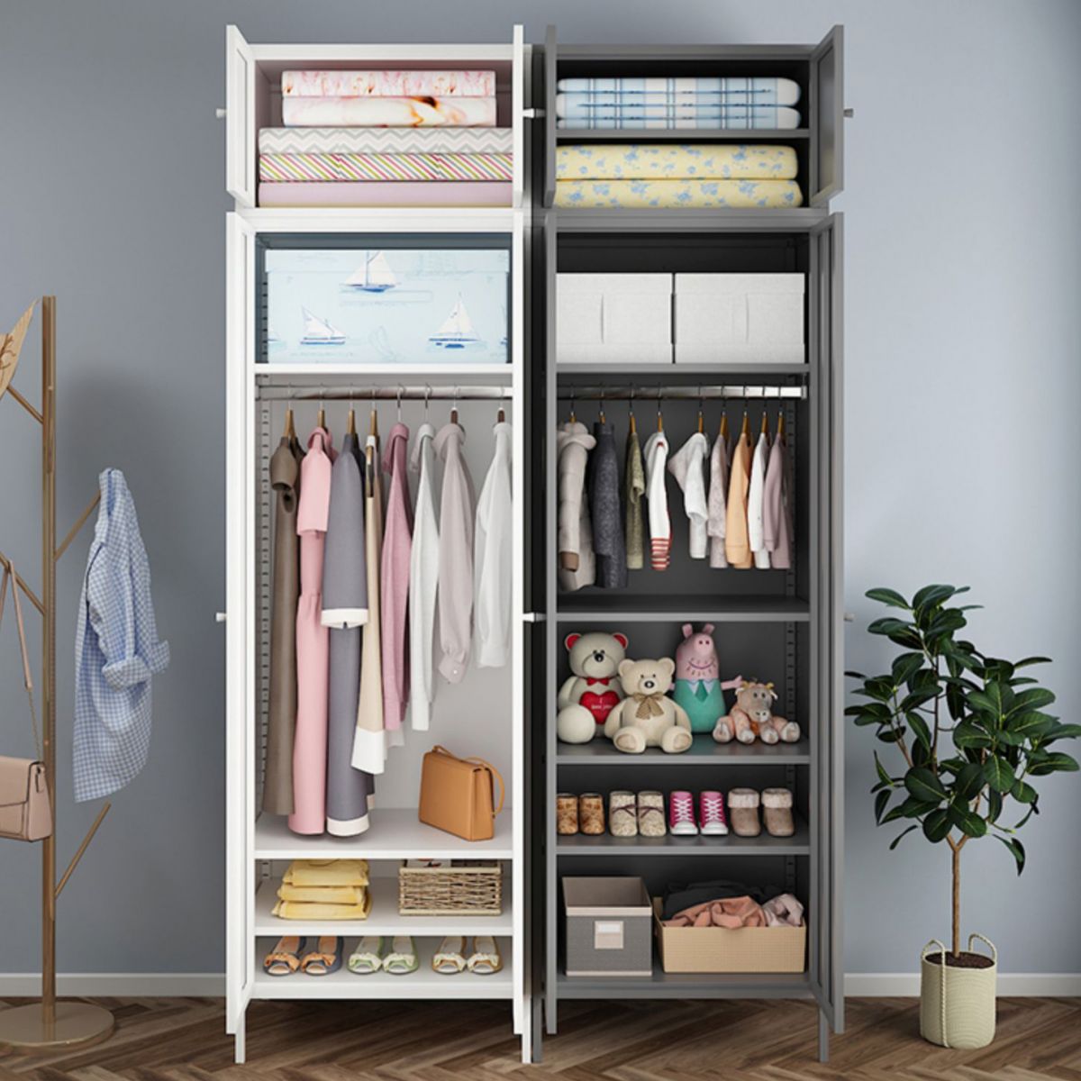 Contemporary Wardrobe Cabinet with Adjustable Shelves Steel Wardrobe Armoire Clearhalo 'Armoires & Wardrobes' 'armoires_wardrobes' 'Bedroom Furniture' 'furn' 'furn_armoires_wardrobes' 'Furniture' 1200x1200_3e3cabe2-6451-4357-bb97-7a86c861847a