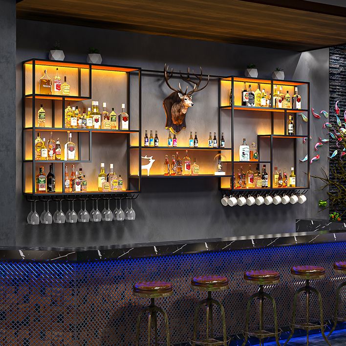 Porte-vides muraux en bois et porte-vin en métal en marron et noir