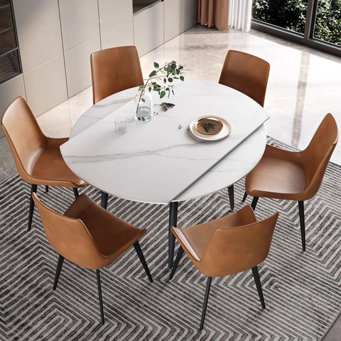 Simplicity Style Round Stone Table Drop-Leaf Dinner Table ,51"L x 51"W x 29.5"H Clearhalo 'Dining Tables & Seating' 'Dining Tables' 'dining_table' 'furn' 'furn_dining_table' 'Furniture' 'Kitchen & Dining Furniture' 1200x1200_3e84aa0b-f738-4358-87ac-b419b9b5ea91