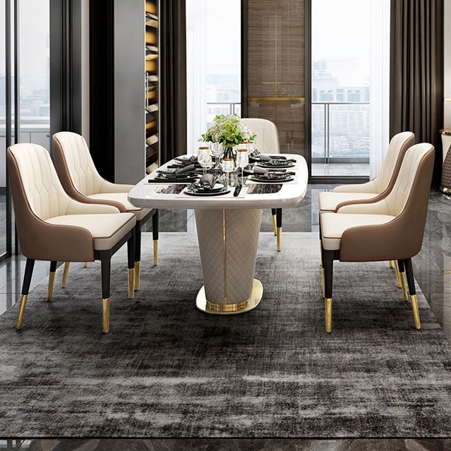Glam Marble Rectangle Shape Dining Table Standard Kitchen Dining Table with Pedestal Base Clearhalo ' dining_table' 'Dining Tables & Seating' 'Dining Tables' 'furn' 'furn_dining_table' 'Furniture' 'furniture_dining_table' 'Kitchen & Dining Furniture' 'kitchen&dining_furn' 'kitchen' 'kitchen_dining_table' 1200x1200_3e95b5a5-41b5-4197-b0c8-afcfc0ce5819