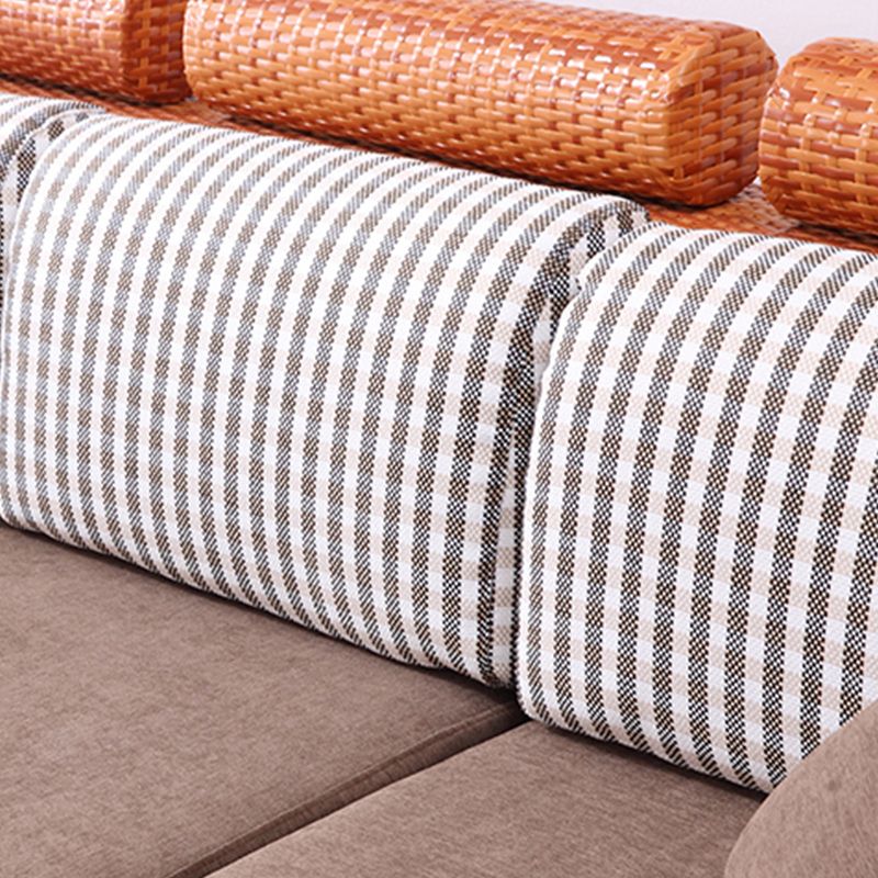 Sofá de ratán tropical de 3 plazas con chaise longue con brazos volumétricos marrones y respaldo suelto