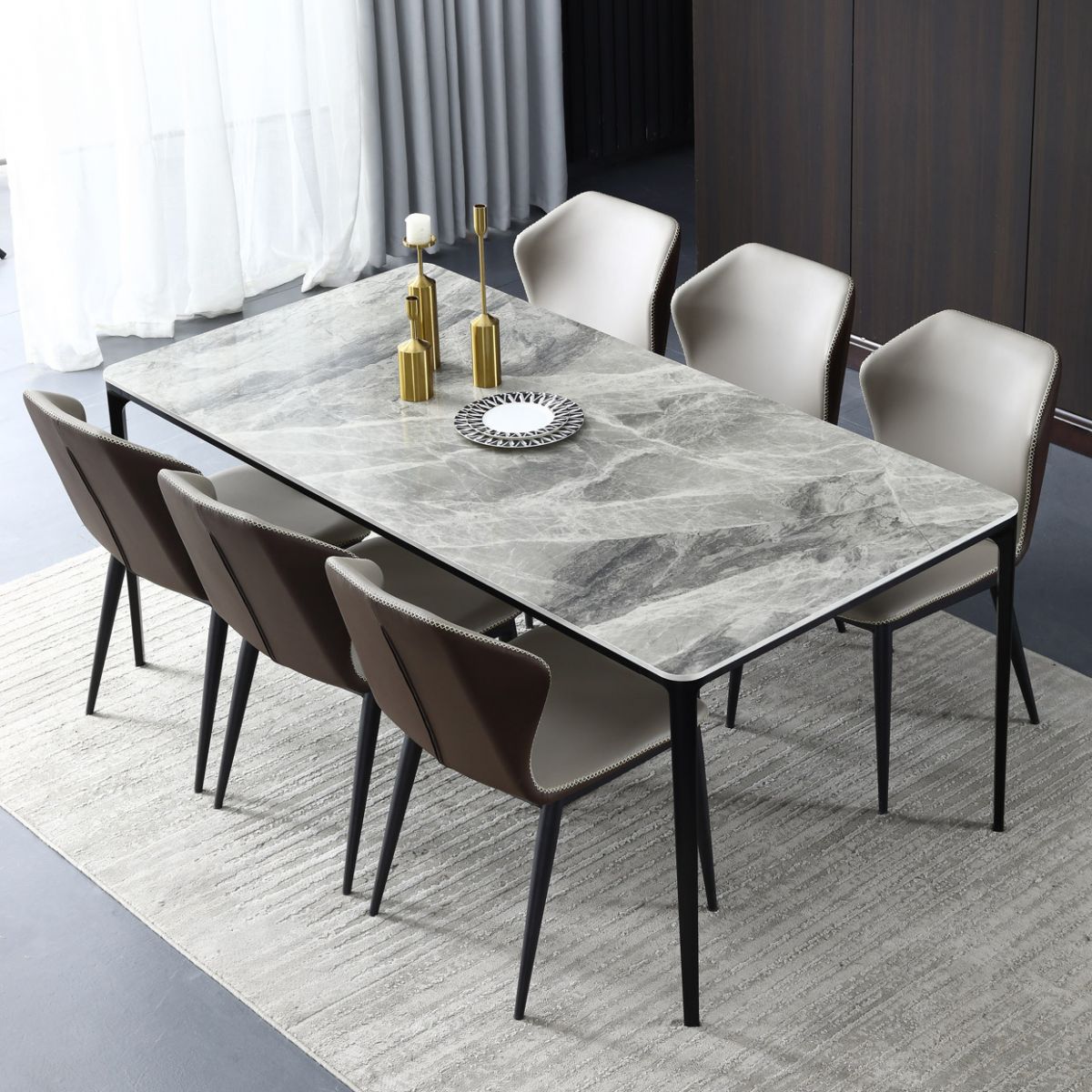 Modern Stone Dining Set 1/4/5/7 Pieces Rectangle Dining Table Set with Wingback Chairs