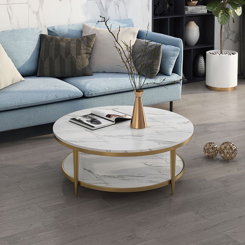 17.7" H Glam Round Slate Coffee Table Metal 4 Legs Cocktail Table with Shelf Clearhalo 'Coffee & Accent Tables' 'Coffee Tables' 'coffee_tables' 'furn' 'furn_coffee_tables' 'Furniture' 'Living Room Furniture' 1200x1200_3eedca22-526b-498c-b519-bf145eddadb6