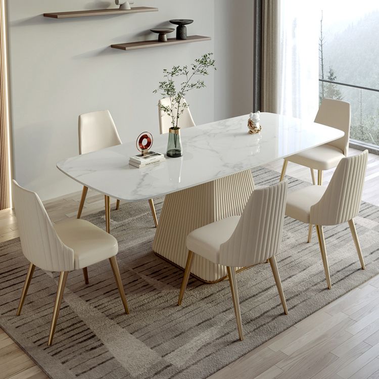 Contemporary Style Sintered Stone Dining Table with White Fixed Table and Pedestal Base Clearhalo 'Dining Room Sets' 'Dining Tables & Seating' 'dining_room_set' 'furn' 'furn_dining_room_set' 'Furniture' 'furniture_dining_room_set' 'Kitchen & Dining Furniture' 'kitchen&dining_furn' 'kitchen' 1200x1200_3f257fdf-705f-4f7a-8615-d6652ba01a3c