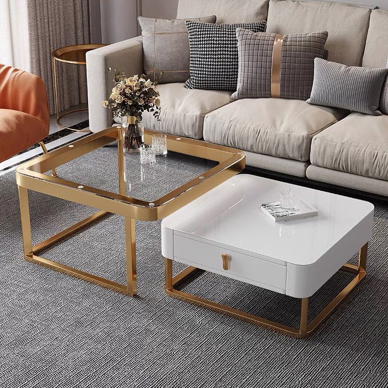 Gold Frame Metal Iron Base Design with Drawer Square Coffee Table Clearhalo 'Coffee & Accent Tables' 'Coffee Tables' 'coffee_tables' 'furn' 'furn_coffee_tables' 'Furniture' 'furniture_coffee_tables' 'Living Room Furniture' 1200x1200_3f4e1994-b552-4478-8a61-9b8cae59a7ea