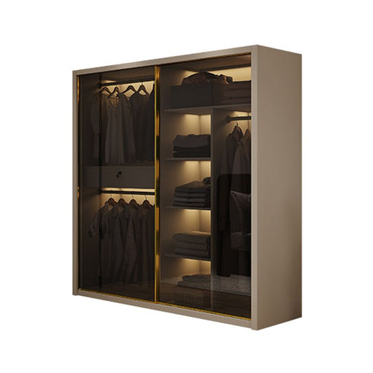 Glass and Wood Wardrobe Cabinet Sliding Wardrobe Armoire without Light
