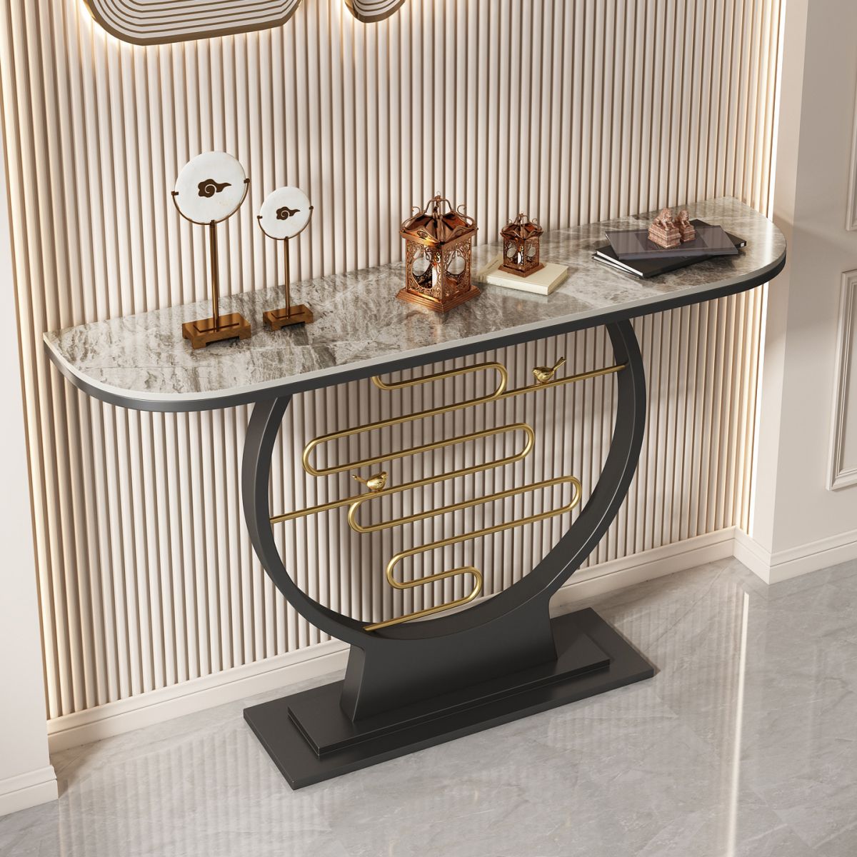 Glam Console Accent Table Antique Finish Sofa Console Table in Stone Clearhalo 'Console Tables' 'console_tables' 'Entry & Mudroom Furniture' 'furn' 'furn_console_tables' 'Furniture' 1200x1200_3f8a10d8-809a-4730-a969-394aec863eb8