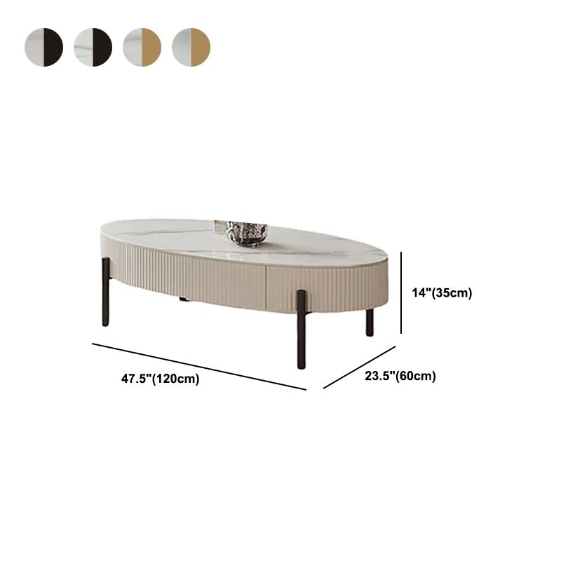 Glam Oval Stone Top Coffee Table with 4 Legs and 1 Storage Drawer