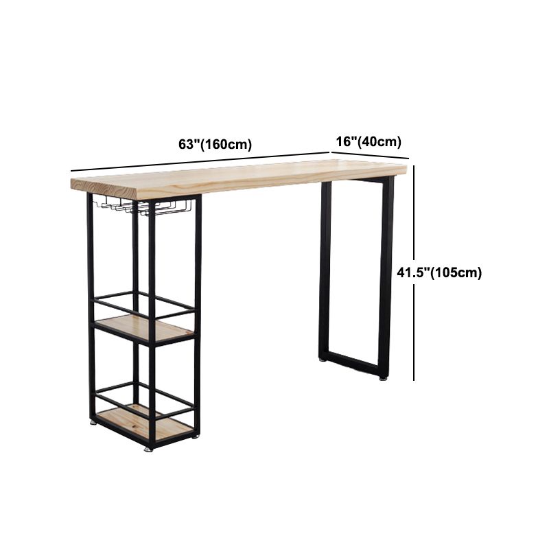 Mesa de comedor rectangular natural, mesa de altura de barra de madera maciza con pedestal y estantes