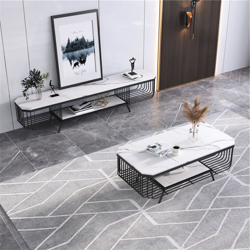 17.7" H Glam Rectangle Slate Coffee Table Iron 4 Legs Cocktail Table with Shelf Clearhalo 'Coffee & Accent Tables' 'Coffee Tables' 'coffee_tables' 'furn' 'furn_coffee_tables' 'Furniture' 'Living Room Furniture' 1200x1200_3f9af646-29c5-4d8d-9953-87ca6853ae53