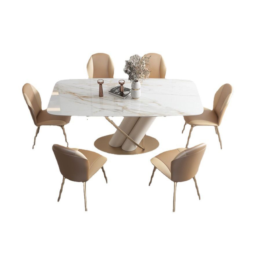 Modern Style Sintered Stone Dining Set with White Rectangle Shape Table and Trestle Base Clearhalo 'Dining Room Sets' 'Dining Tables & Seating' 'dining_room_set' 'Furniture' 'furniture_dining_room_set' 'Kitchen & Dining Furniture' 'kitchen&dining_furn' 'kitchen' 1200x1200_3fa5a731-be65-481d-bd3d-88776d59d854