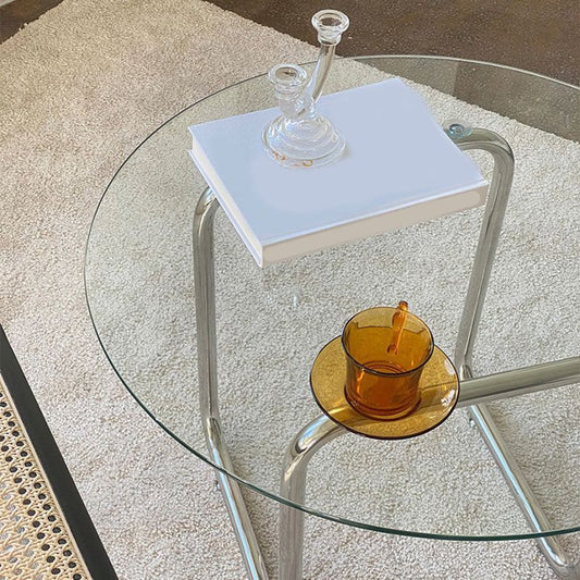 Round Glass Top Coffee Table Stainless Steel Sled Base Cocktail Table Clearhalo 'Coffee & Accent Tables' 'Coffee Tables' 'coffee_tables' 'furn' 'furn_coffee_tables' 'Furniture' 'Living Room Furniture' 1200x1200_3fcee48f-09c1-4902-8ffb-3b41f1722330