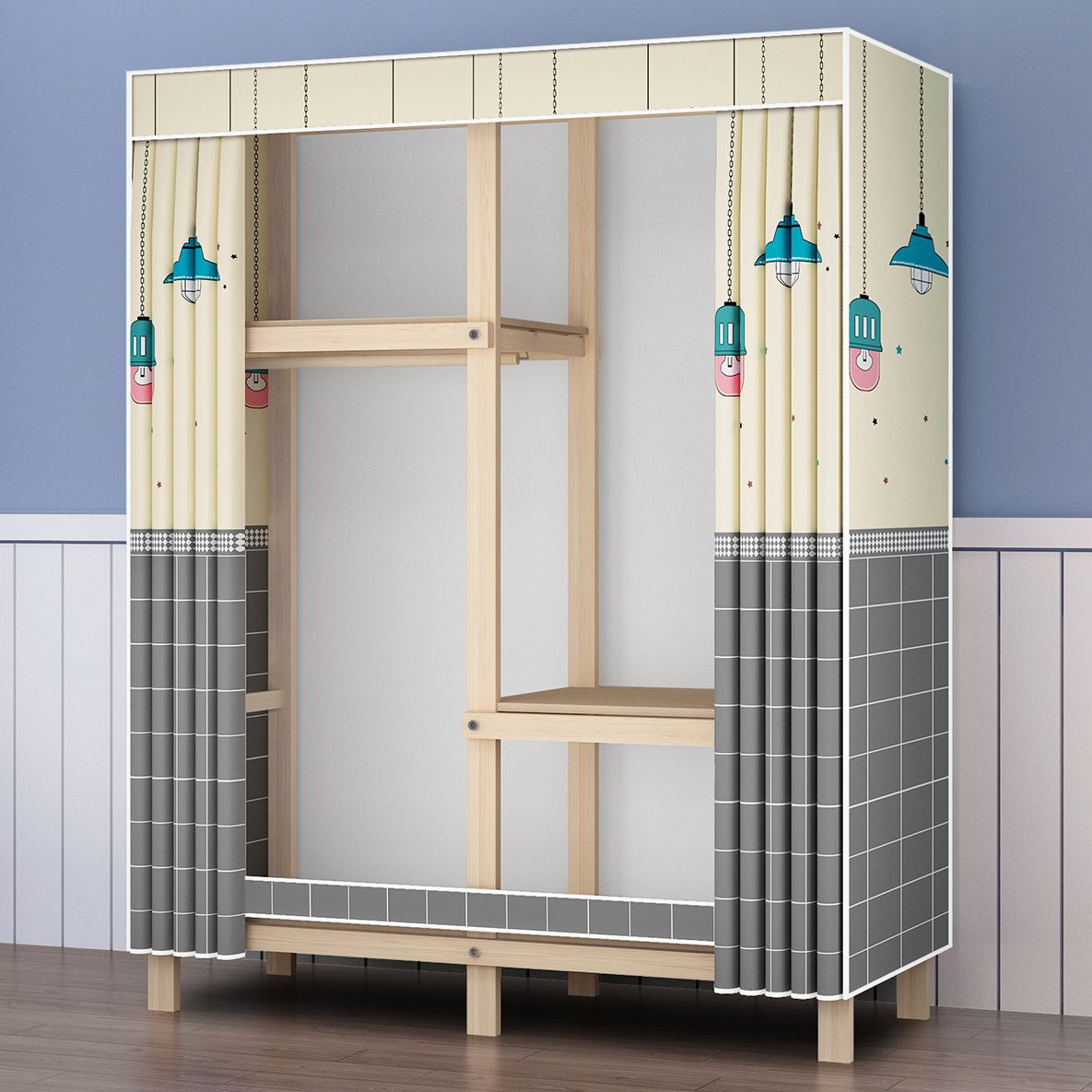 Contemporary Style Wardrobe Pine Solid Wood Wardrobe Closet with Legs