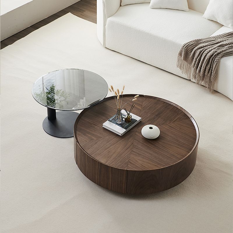 Round Wood Cocktail Table Set with 2 Drawers Modern Walnut Coffee Table Clearhalo 'Coffee & Accent Tables' 'Coffee Tables' 'coffee_tables' 'furn' 'furn_coffee_tables' 'Furniture' 'Living Room Furniture' 1200x1200_4041fafe-0e11-4488-9e6a-a32ce31c0b7b
