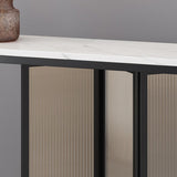 Console top in pietra in stile glam con base di piedistallo di ferro e vetro