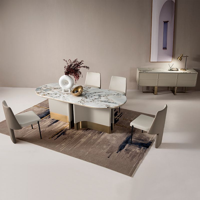 1/5ピースモダンな楕円形の石の停止白いダイニングセット