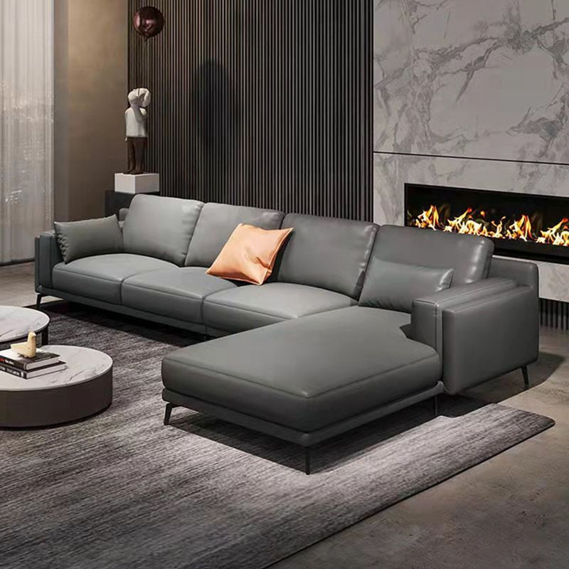 Square Arm Grey Pillowed Back Cushions Splayed Wooden Legs Sofa Clearhalo 'furn' 'furn_sectionals' 'Furniture' 'furniture_sectionals' 'kitchen' 'kitchen_sectionals' 'Living Room Furniture' 'Sectionals' 1200x1200_4087f9dc-1ffc-49f7-930a-a557f4bd6843