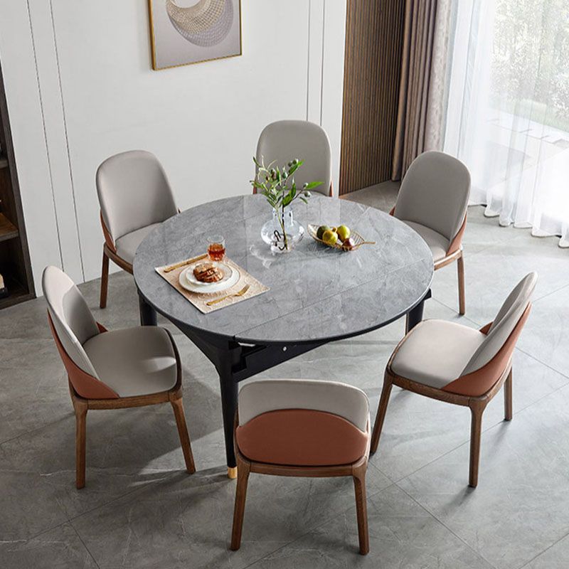 Contemporary Gray Round Stone Dining Table with 4 Wooden Foot
