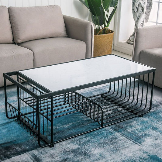 Mesa de café rectangular glamorosa con 3 estantes y mesa de cóctel superior de mármol