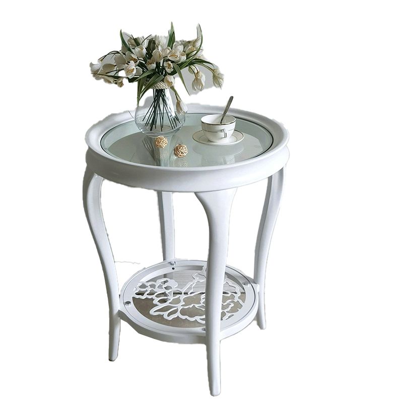 Table d'appoint en verre rond de 25,6 "de haut en bois à 4 jambes table de bout avec étagère