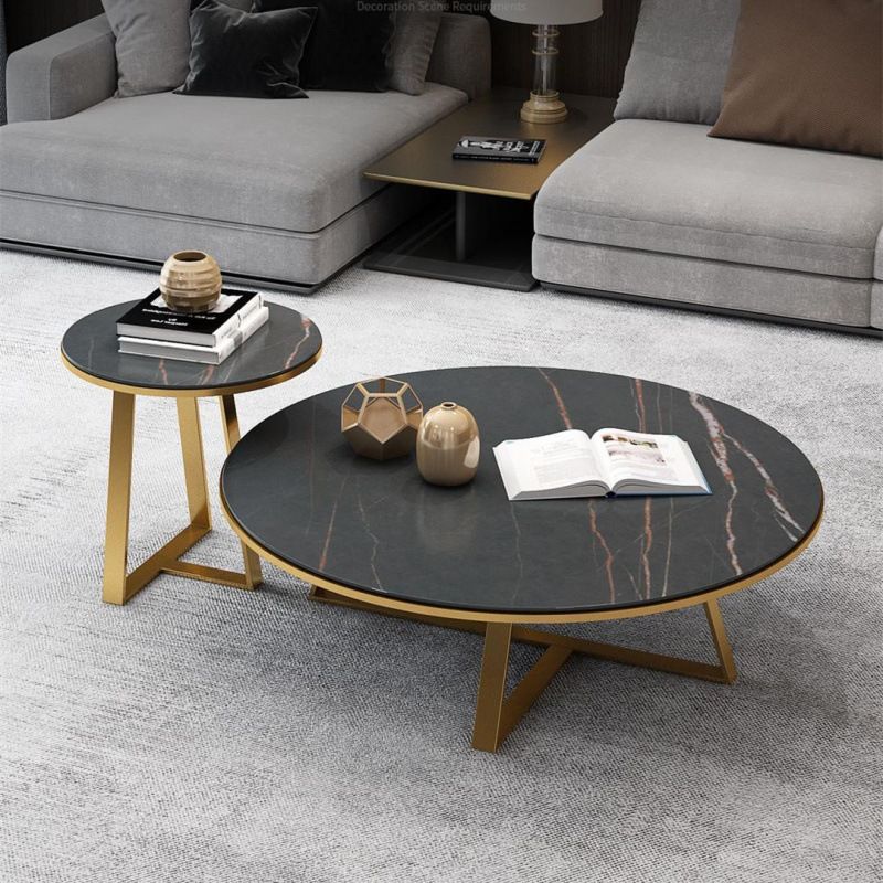 Black Round Slate Coffee Table Luxurious Steel Frame Cocktail Table