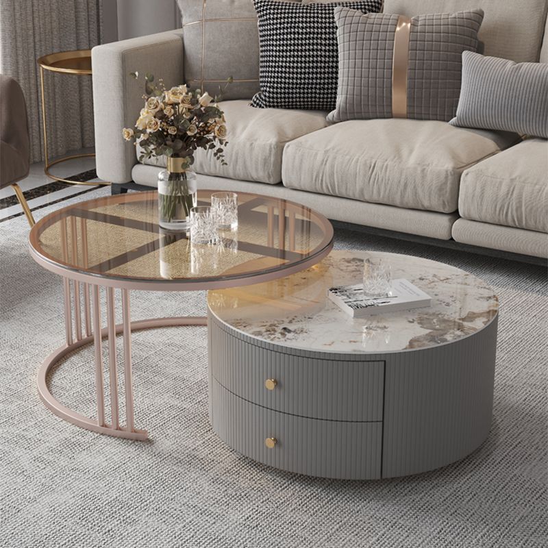 Modern Cocktail Table Round Glass / Slate Coffee Table with Storage Clearhalo 'Coffee & Accent Tables' 'Coffee Tables' 'coffee_tables' 'furn' 'furn_coffee_tables' 'Furniture' 'Living Room Furniture' 1200x1200_40e25c00-754b-4608-b03e-3bd1682f374a