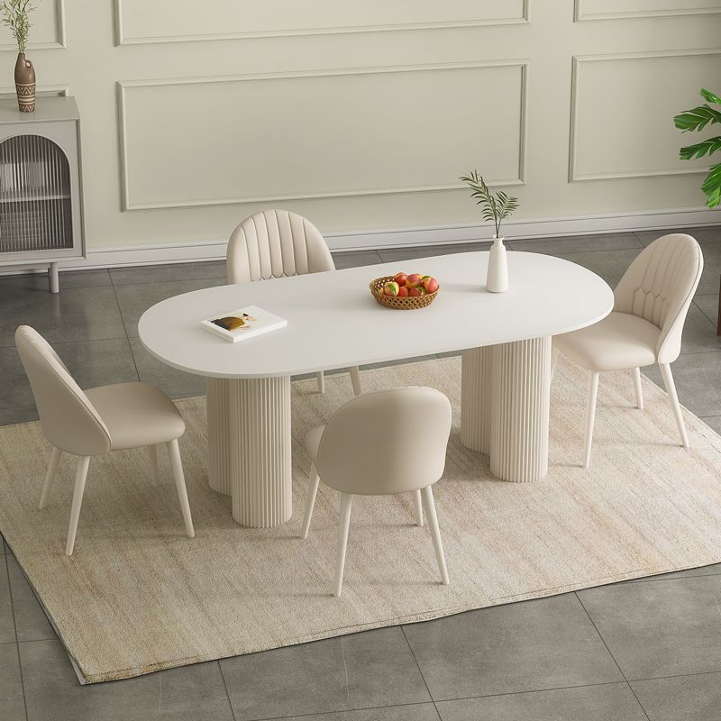 White Contemporary Oval Stone Dining Table with Double Pedestal
