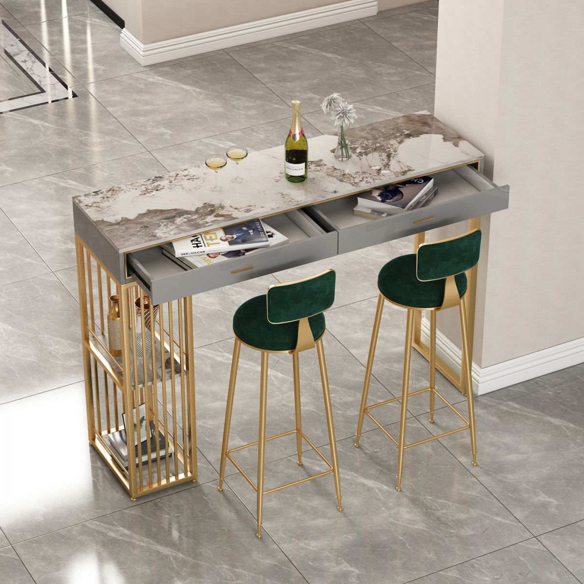 Nordic Style Storage Bar Table Stone Top Pub Table with 2 Drawers, Only Table Clearhalo 'Bar Furniture' 'Bar Tables' 'bar_tables' 'furn' 'furn_bar_tables' 'Furniture' 'furniture_bar_tables' 'Kitchen & Dining Furniture' 1200x1200_40f311d1-1f9e-4fcc-8817-380f0872f6a2