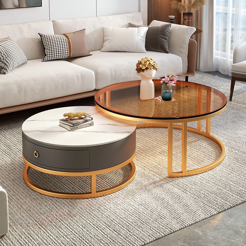 Round Nesting Coffee Table Set Frame Glass Coffee Table with Drawer Clearhalo 'Coffee & Accent Tables' 'Coffee Tables' 'coffee_tables' 'furn' 'furn_coffee_tables' 'Furniture' 'Living Room Furniture' 1200x1200_40f5d0d3-ee55-412f-a52c-1be451b8781f