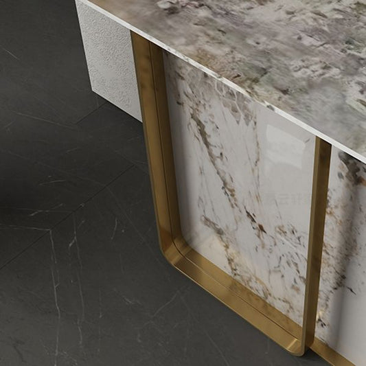 Modern Rectangular Console Table Stone Console Sofa Table in Gold and White