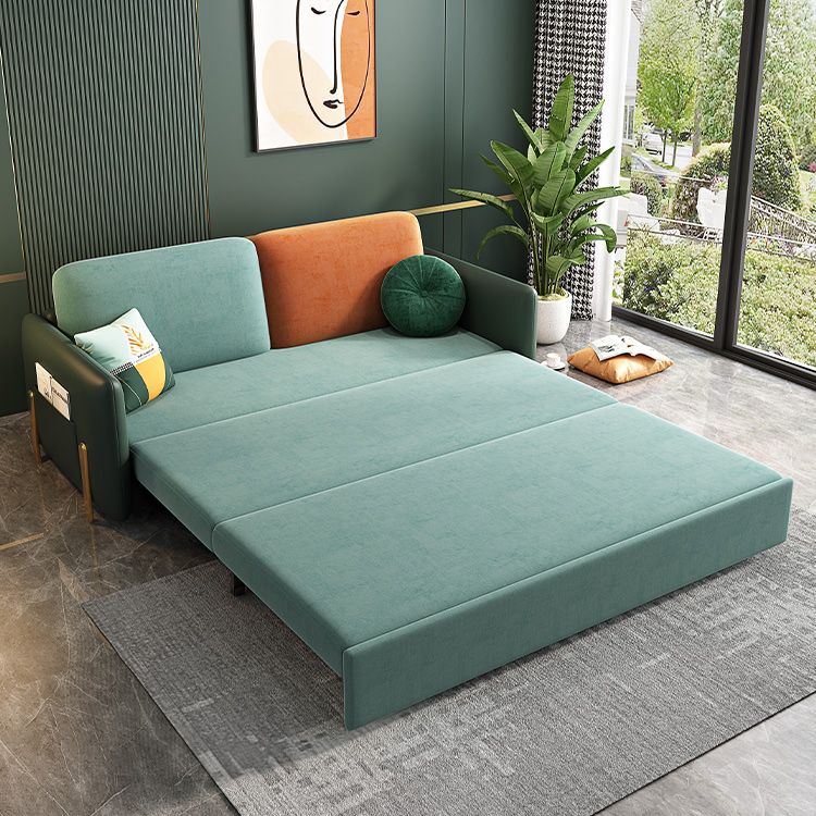 Square Arms Futon Foldable Pillow Included Green Sleeper Sofa with Storage