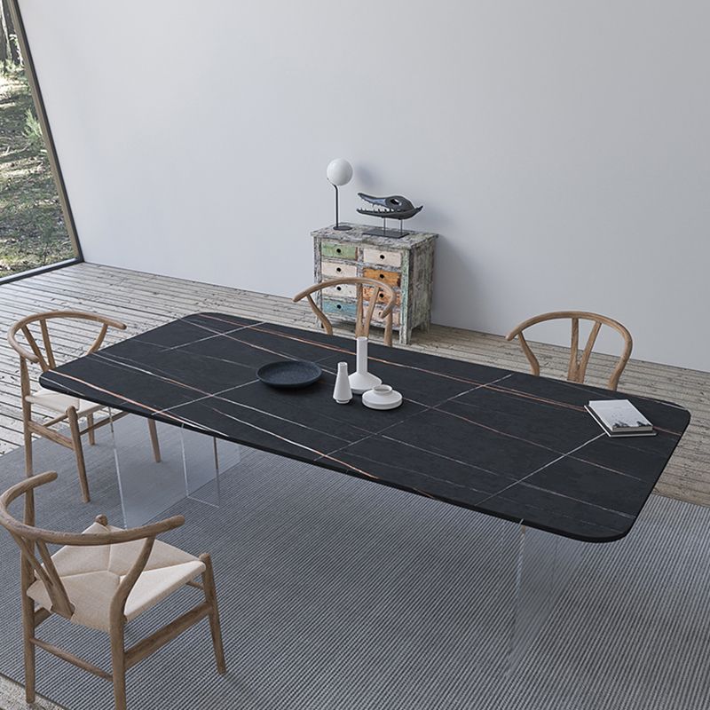 Contemporary Rectangle Dining Table Sintered Stone Dining Table with Clear Acrylic Double Pedestal Clearhalo ' dining_table' 'Dining Tables & Seating' 'Dining Tables' 'furn' 'furn_dining_table' 'Furniture' 'furniture_dining_table' 'Kitchen & Dining Furniture' 'kitchen&dining_furn' 'kitchen' 'kitchen_dining_table' 1200x1200_41205f65-9f0e-4e56-be67-78f61028f8d0