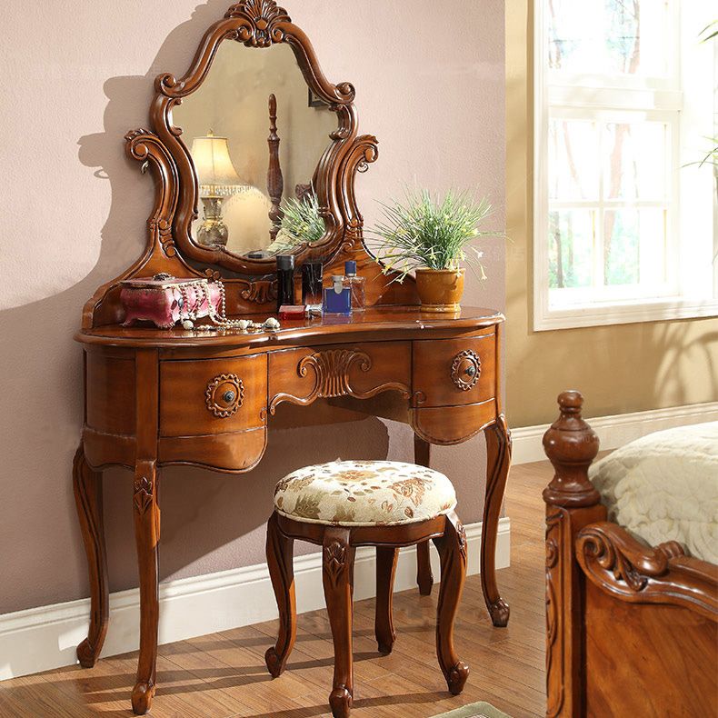 Traditional Solid Wood Brown Bedroom Mirror With Drawer Makeup Vanity Set