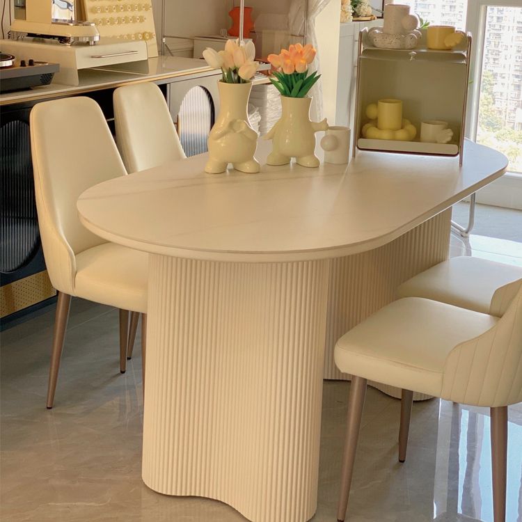 Modern Linen White Finish Oval Stone Top Dining Table with Double Pedestal Base
