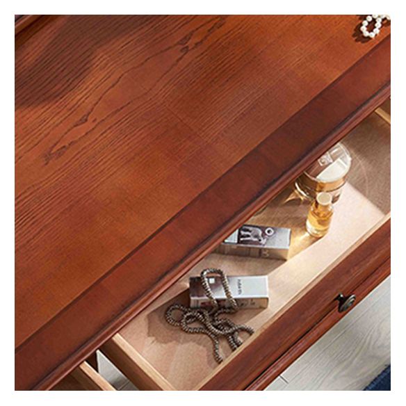 Vanità del tavolo da trucco marrone in legno massiccio con cassetti e specchio