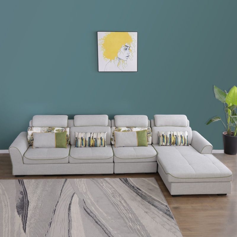 Modern Biscuit Back Sofa with Chaise Linen/Faux Leather Flared Arm Sofa in Gray