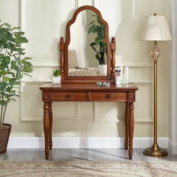 Traditional 2 Drawers Wood Mirrored Makeup Table Desk Vanity in Brown Clearhalo 'Bedroom Furniture' 'furn' 'furn_makeup_vanities' 'Furniture' 'Makeup Vanities' 'makeup_vanities' 1200x1200_41df3bc6-a440-420c-9cf2-6791650f7421