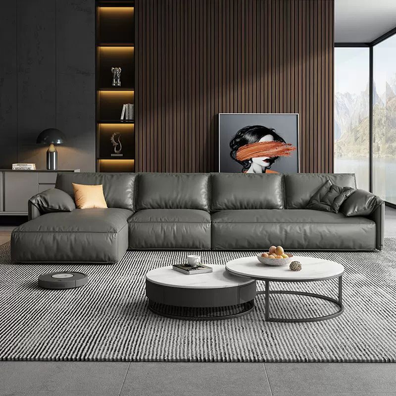 Echte lederen sectionals 70 "houtstationaire sectionals in zwart