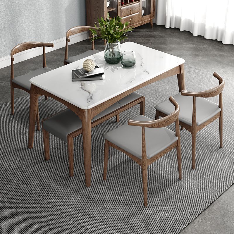 Mid-Century Modern Dining Table Stone Top Table with 4 Wood Legs